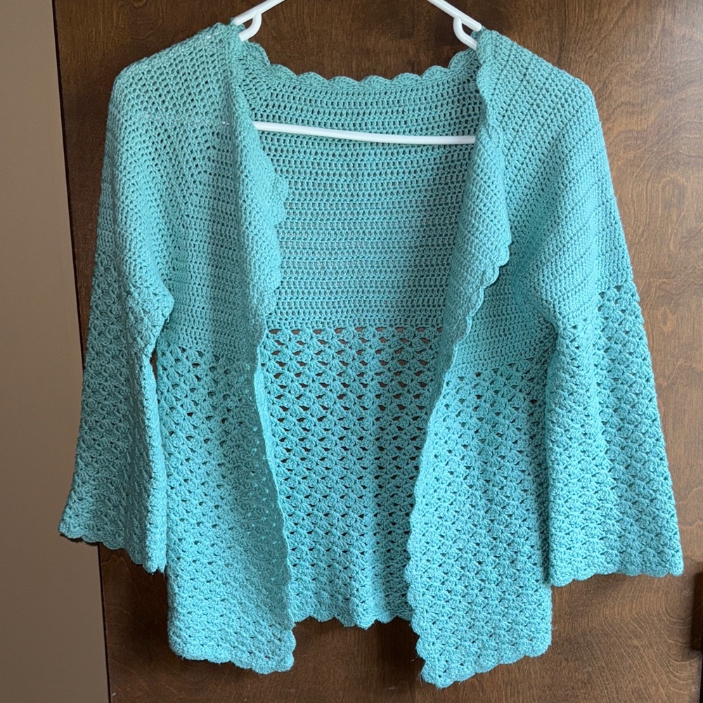 Light Aqua Crochet Open-Front Women's Sweater Cardigan